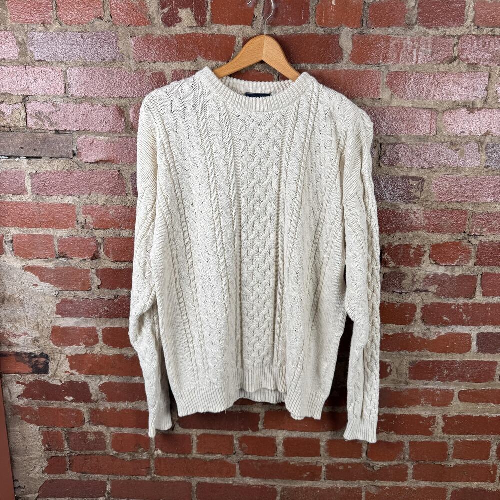 Puritan Sweater Mens Large White Cotton Ramie Cable Knit Crewneck Pullover